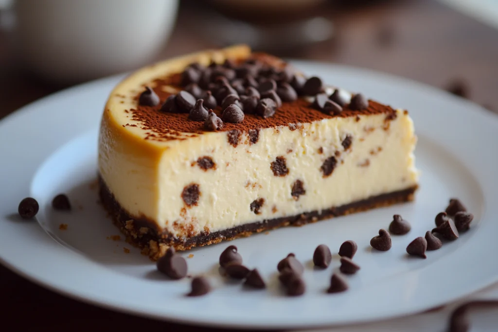 Perfect chocolate chip cheesecake topped with chocolate chips and whipped cream