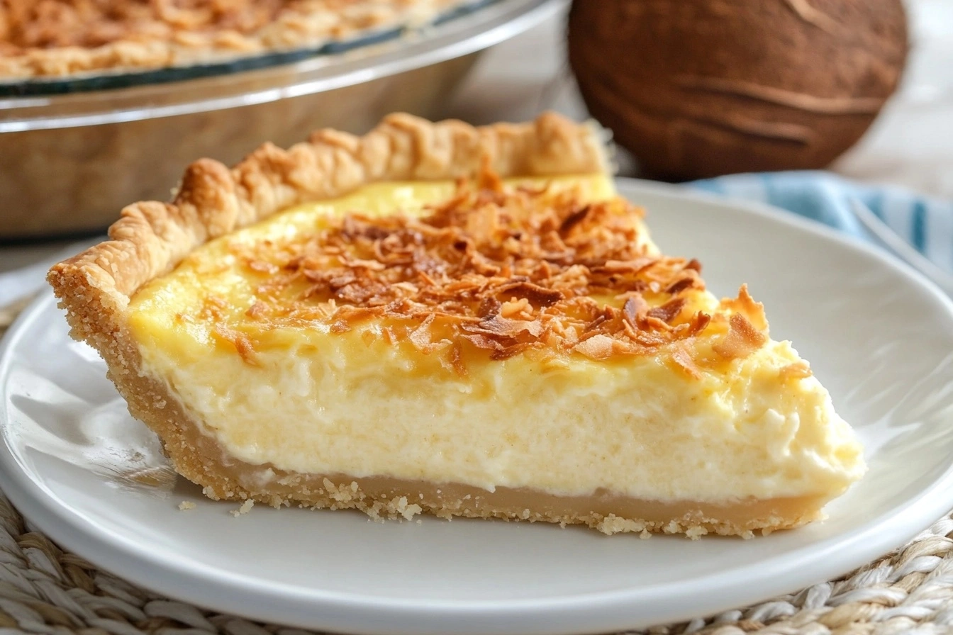 Coconut Egg Custard Pie with a golden crust, perfect for tropical dessert lovers