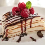 Layered crepe cake topped with whipped cream and fresh fruit, perfect for a French-inspired dessert.