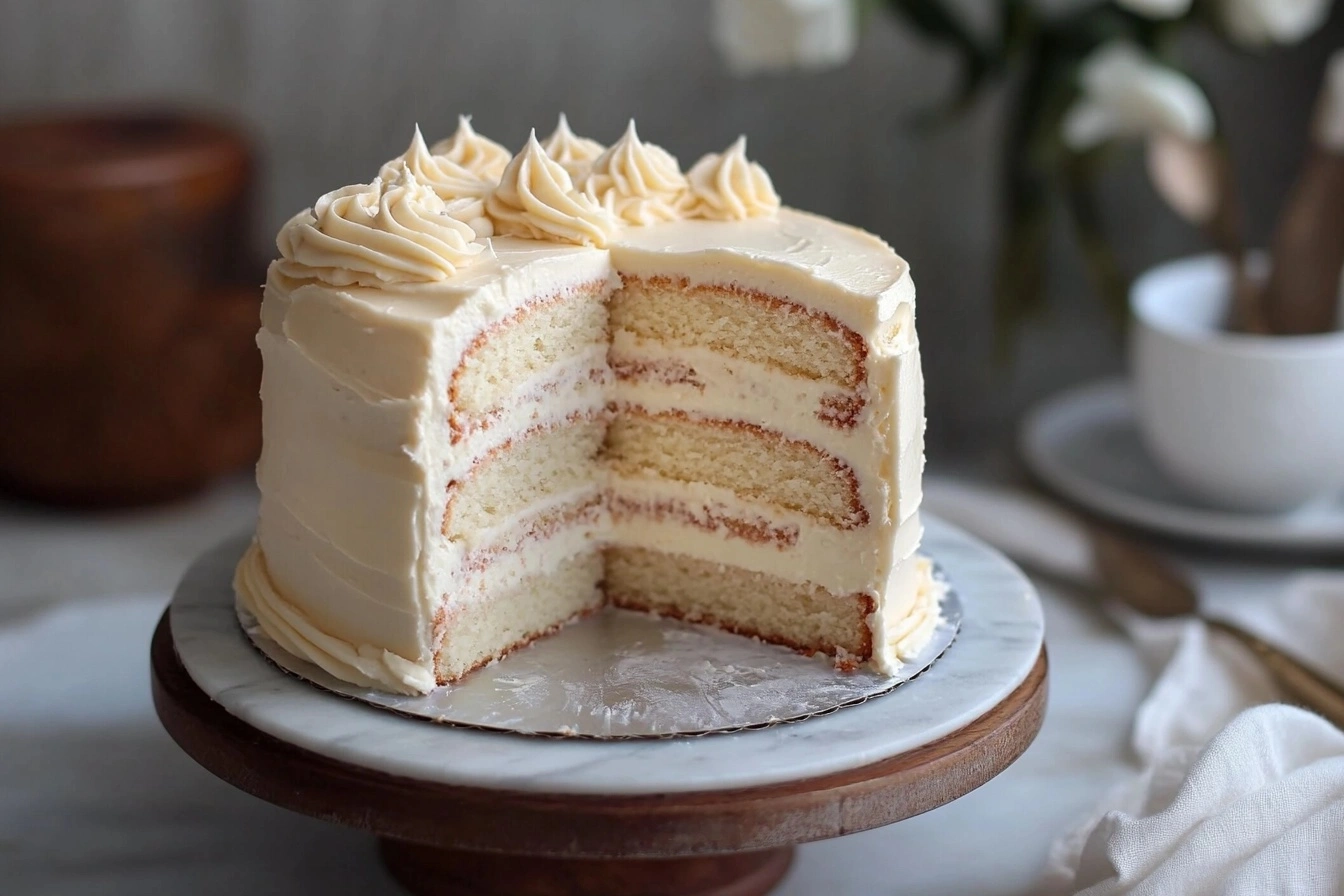 Moist white velvet cake with creamy frosting