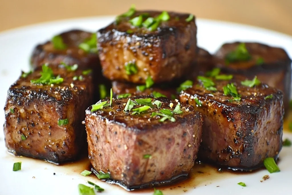 Juicy garlic butter steak bites cooked to perfection in a rich, flavorful garlic butter sauce, served as a quick and easy weeknight dinner.