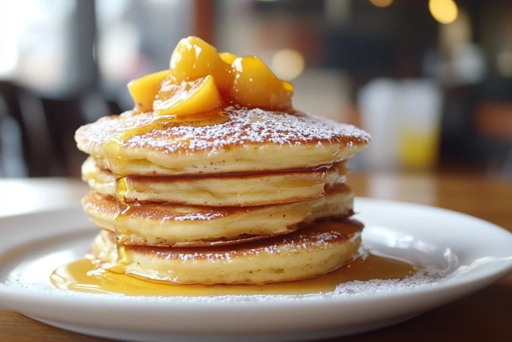 Fluffy hot cakes topped with fresh berries and maple syrup