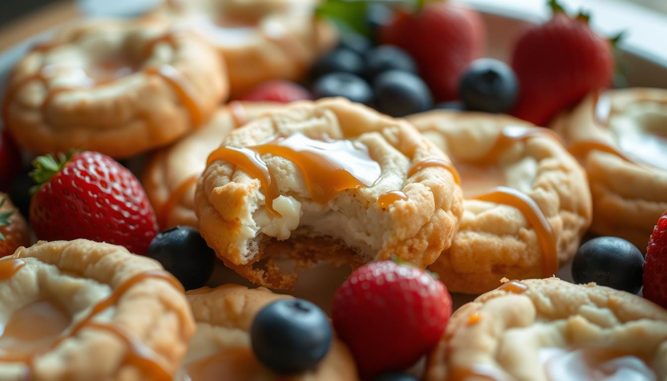 A plate of soft and creamy cheesecake cookies topped with fresh fruit, perfect for a sweet treat