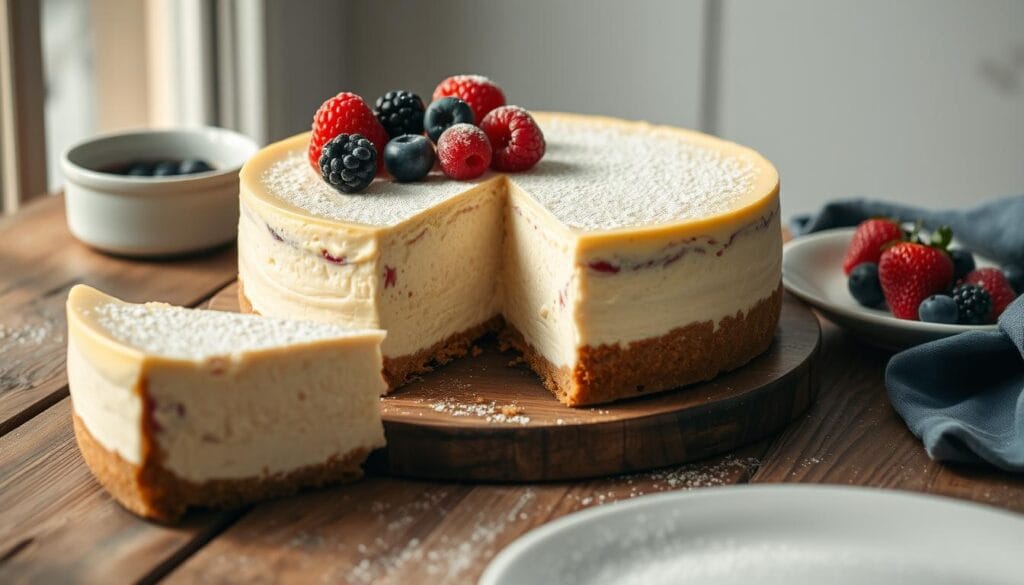 A creamy, homemade Philadelphia cheesecake with a graham cracker crust, topped with fresh fruit