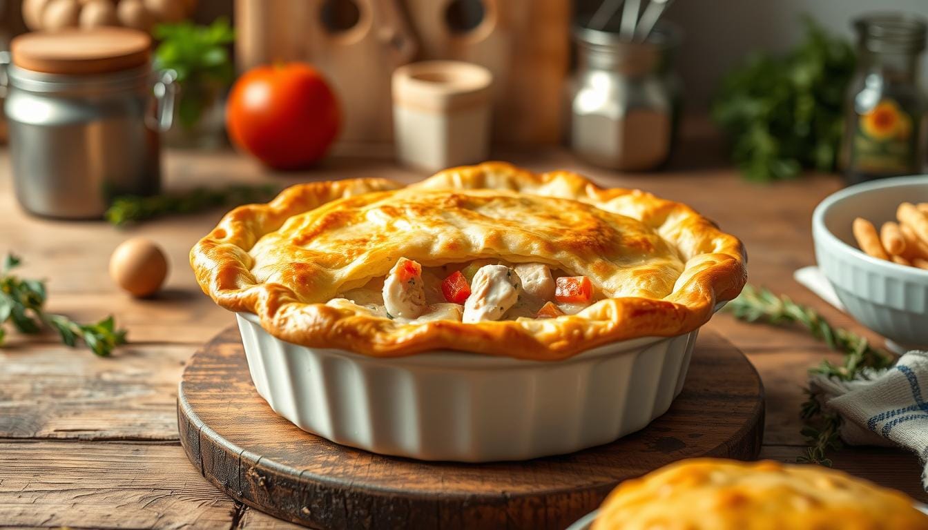 A golden Pillsbury chicken pot pie with a flaky crust and creamy chicken and vegetable filling