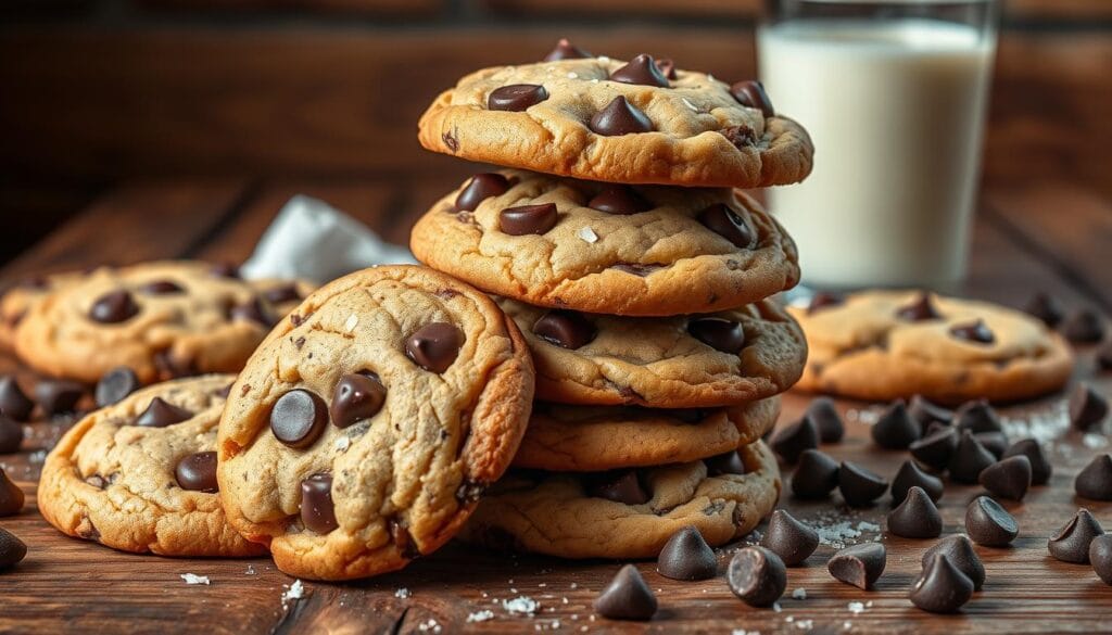 A batch of freshly baked chocolate chip cookies, golden brown with melted chocolate chips