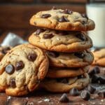 A batch of freshly baked chocolate chip cookies, golden brown with melted chocolate chips