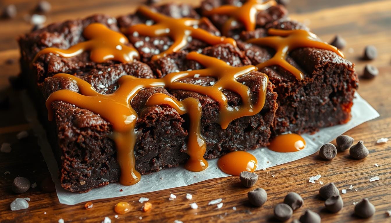 A stack of fudgy caramel brownies with a gooey caramel layer in the center