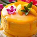 Light and creamy mango mousse cake topped with fresh mango slices