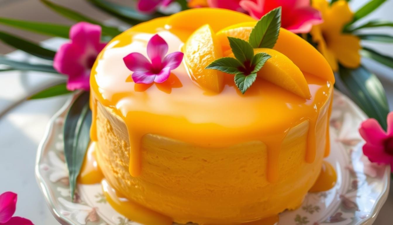 Light and creamy mango mousse cake topped with fresh mango slices