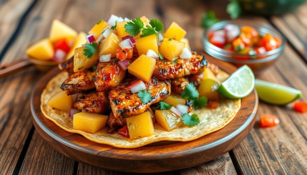 Grilled Chicken Al Pastor served with pineapple and lime wedges