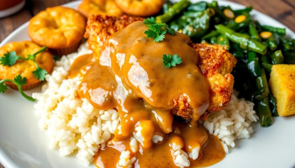 Tender Mississippi chicken served with gravy, pepperoncini, and mashed potatoes on a plate