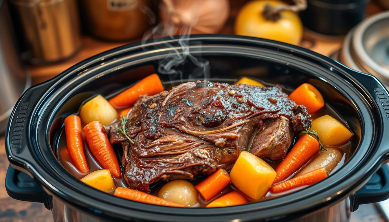 Tender slow cooker pot roast served with carrots, potatoes, and gravy on a plate