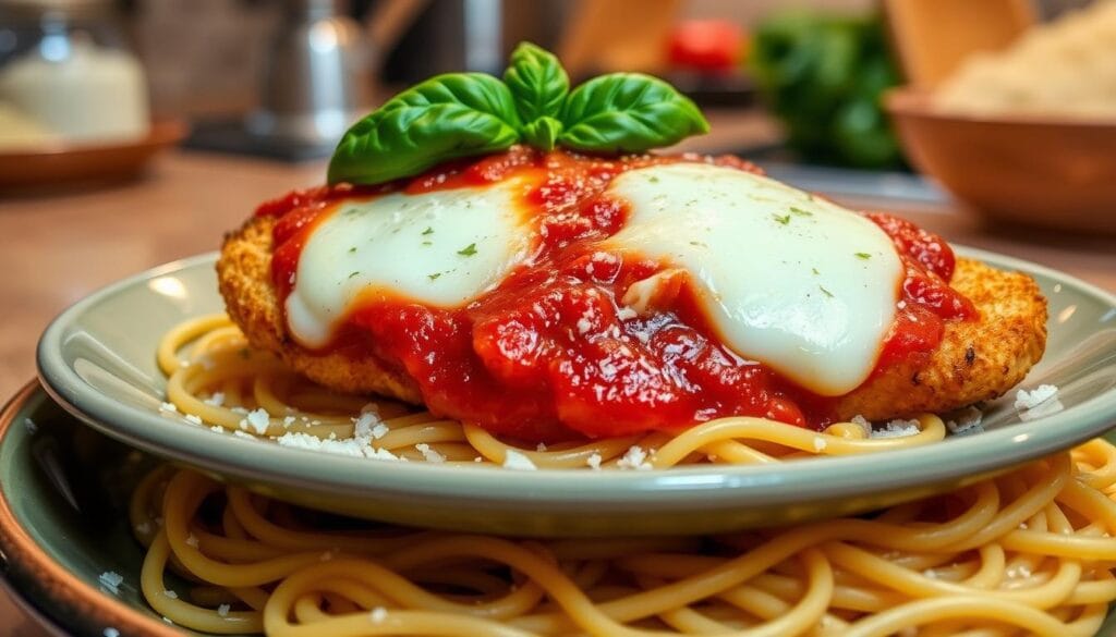 Golden, crispy chicken parmesan topped with marinara sauce and melted mozzarella cheese