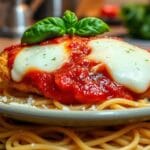 Golden, crispy chicken parmesan topped with marinara sauce and melted mozzarella cheese