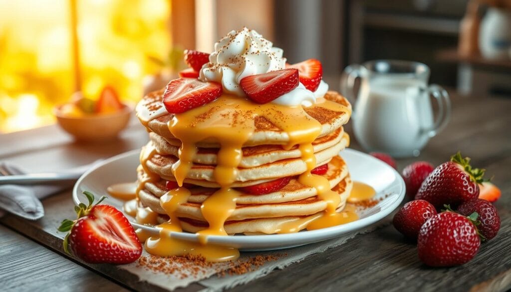 Stack of soft Tres Leches Pancakes topped with whipped cream and fresh fruit