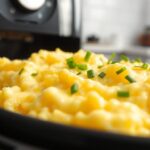 Fluffy scrambled eggs made in the air fryer, served on a plate with toast
