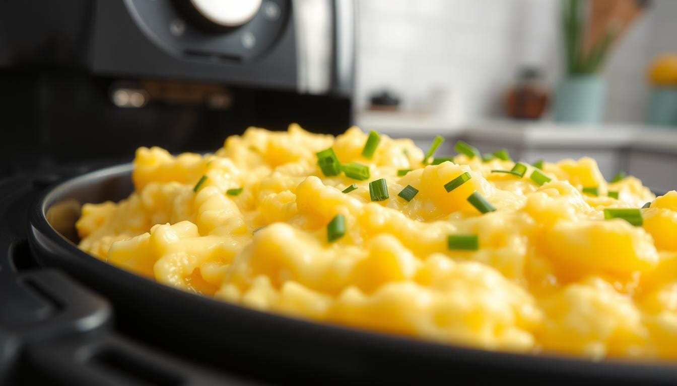 Fluffy scrambled eggs made in the air fryer, served on a plate with toast