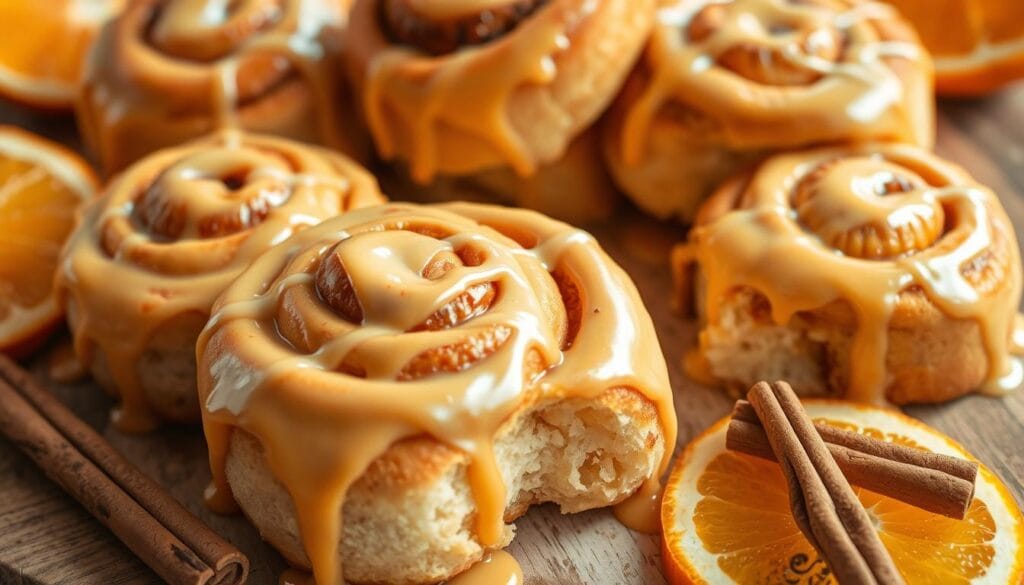 Soft orange cinnamon rolls topped with orange glaze, served on a plate