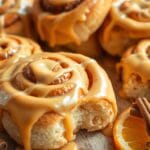 Soft orange cinnamon rolls topped with orange glaze, served on a plate