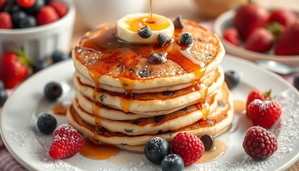 Stack of fluffy chocolate chip pancakes topped with syrup and a dollop of whipped cream.