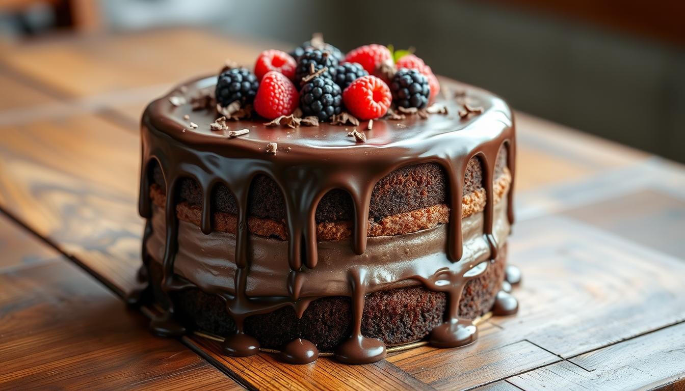 A slice of rich, moist chocolate layer cake topped with chocolate frosting