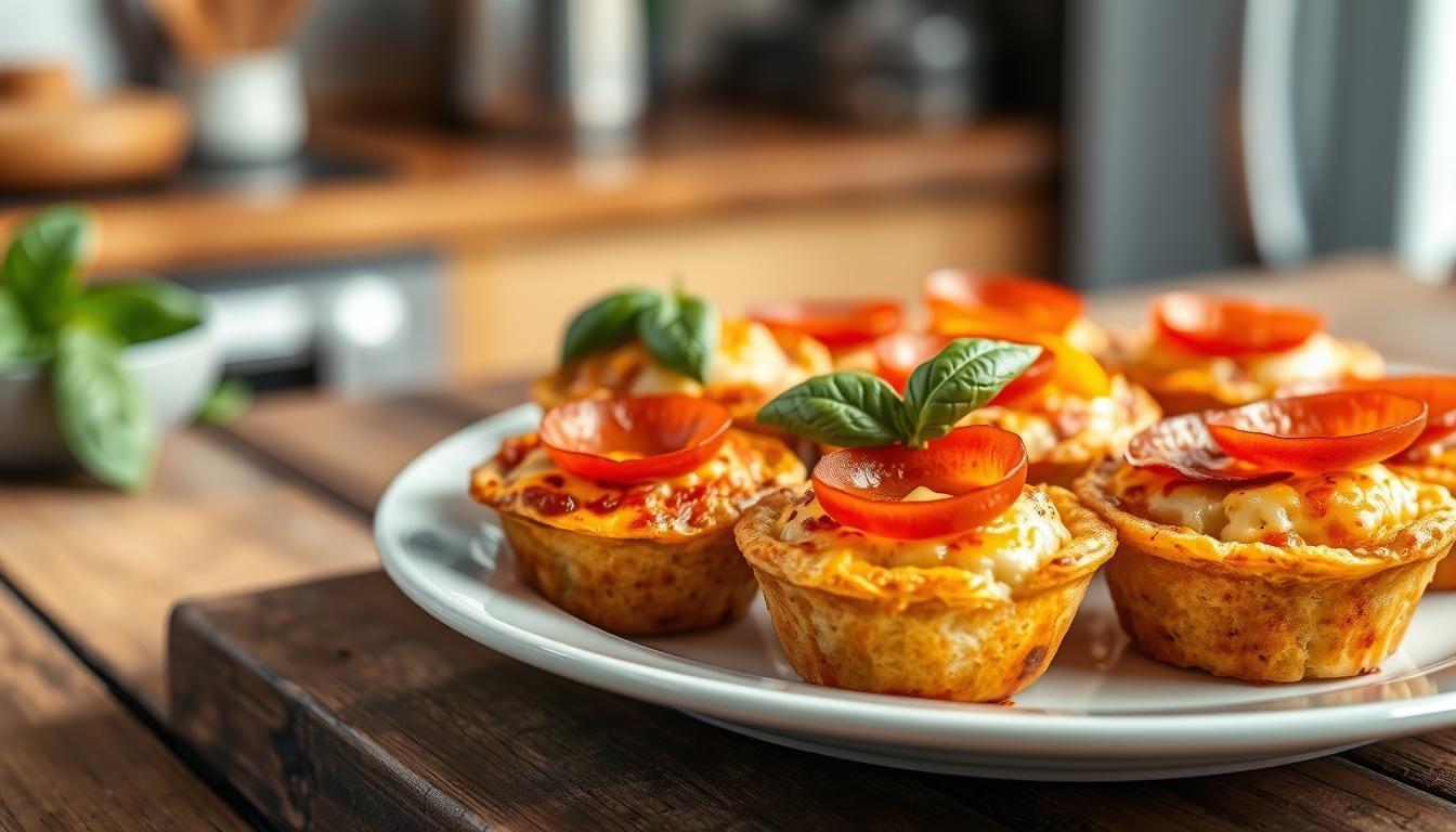 Cheesy pizza muffins with pepperoni and melted cheese on top, served on a plate.