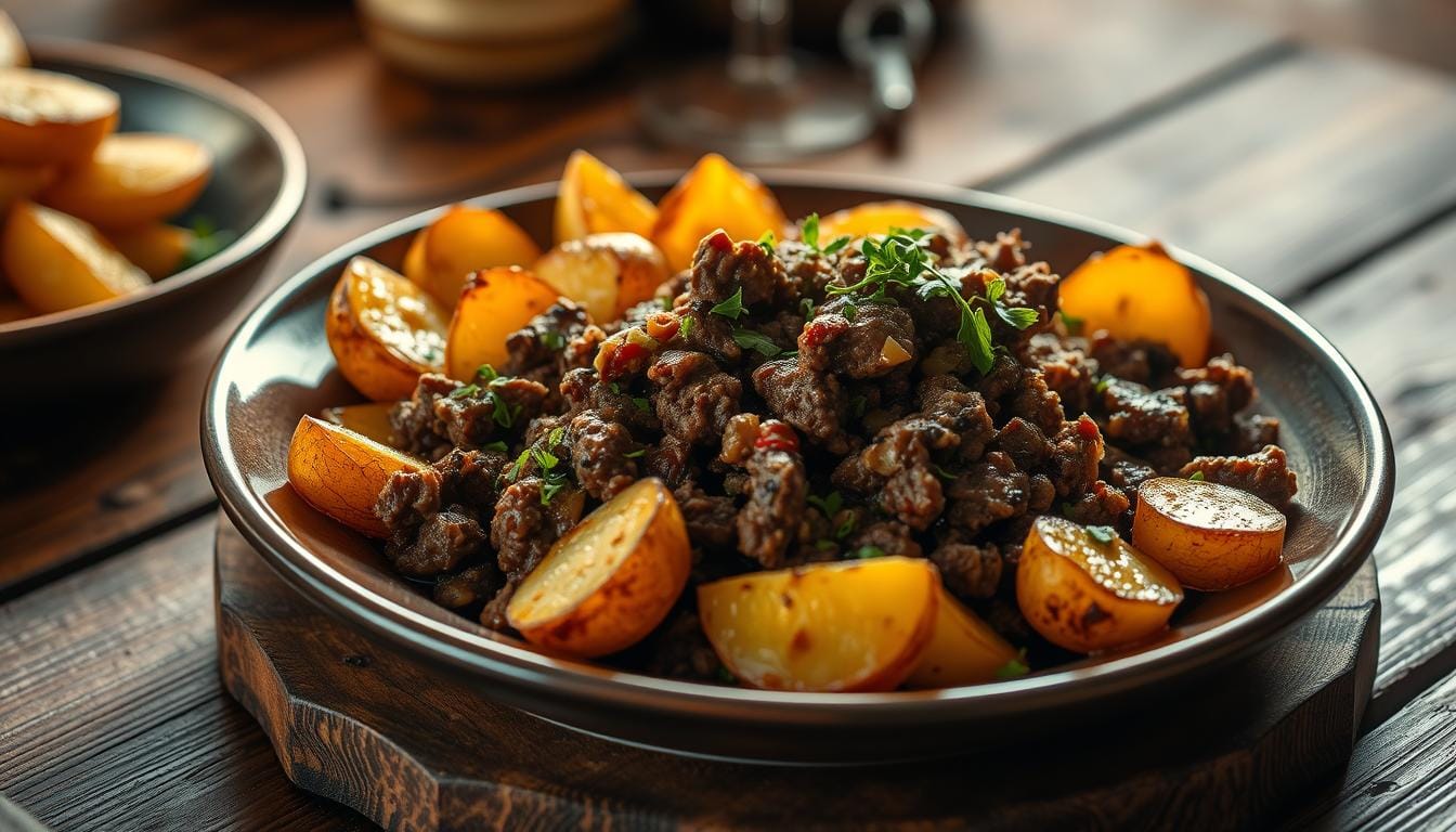 Hearty ground beef and potatoes skillet with herbs, served in a pan