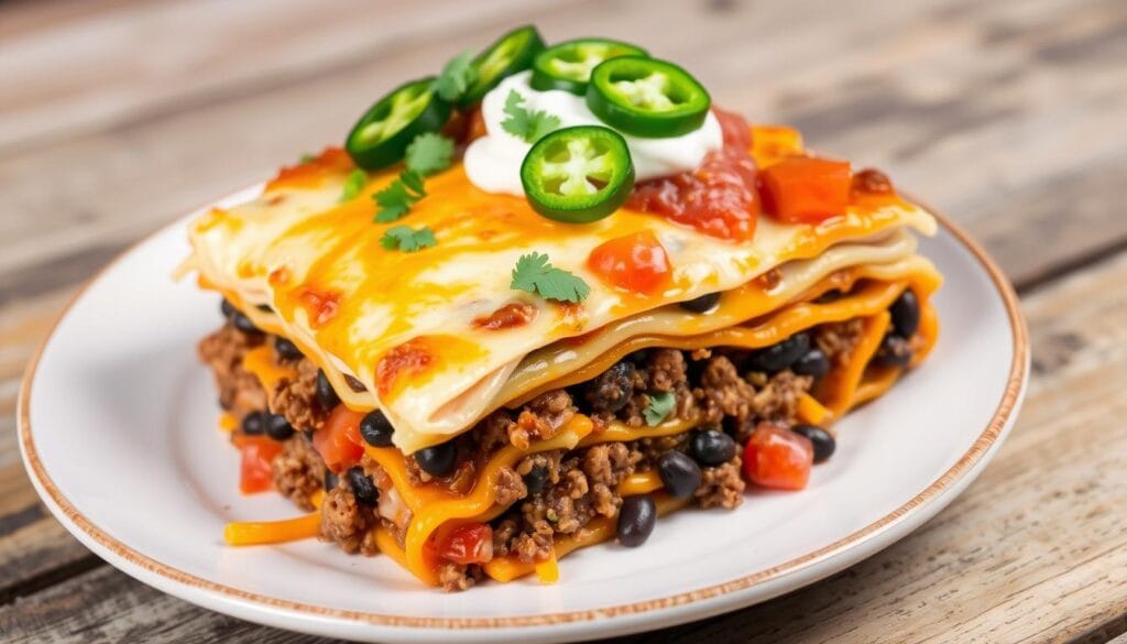 Cheesy, layered taco lasagna with ground beef, tortillas, and melted cheese in a baking dish