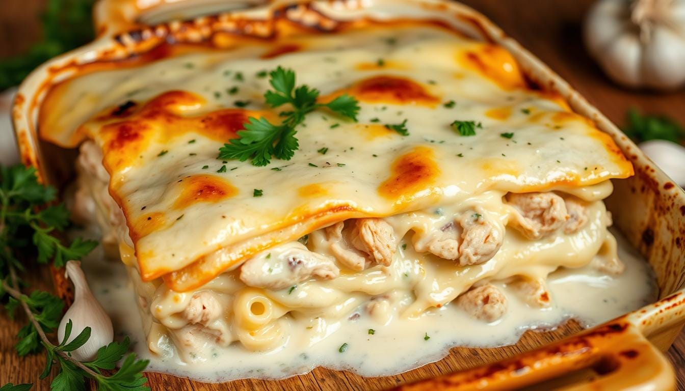 Close-up of a slice of Chicken Alfredo Lasagna with layers of creamy Alfredo sauce, shredded chicken, and melted cheese on a white plate