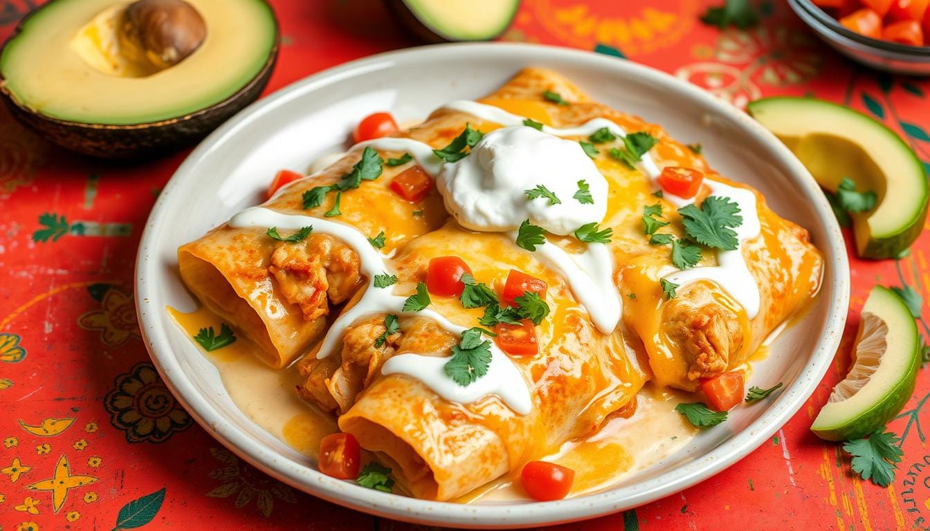 Creamy sour cream chicken enchiladas topped with melted cheese and chopped cilantro in a baking dish