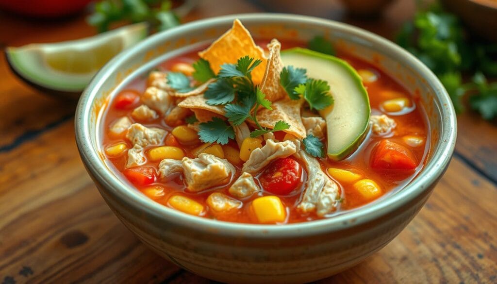 Bowl of hearty chicken tortilla soup topped with avocado, cheese, and crispy tortilla strips.