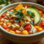 Bowl of hearty chicken tortilla soup topped with avocado, cheese, and crispy tortilla strips.