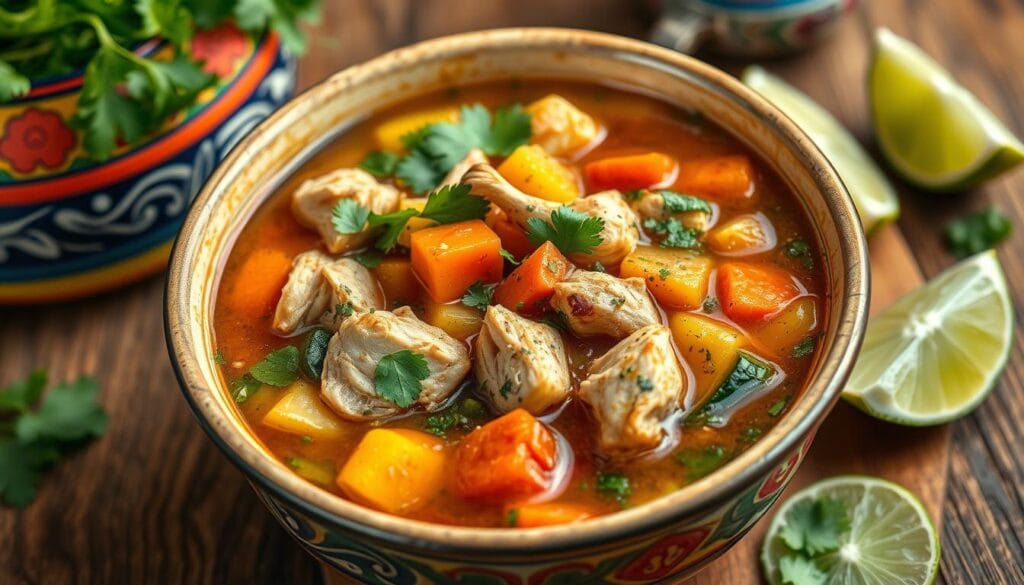 Bowl of Caldo de Pollo with chicken, vegetables, and cilantro, served hot