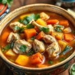 Bowl of Caldo de Pollo with chicken, vegetables, and cilantro, served hot