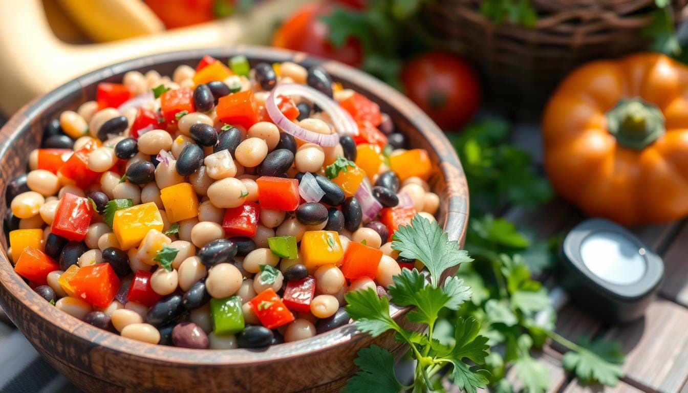 Bowl of colorful three bean salad with kidney beans, chickpeas, green beans, and a tangy vinaigrette