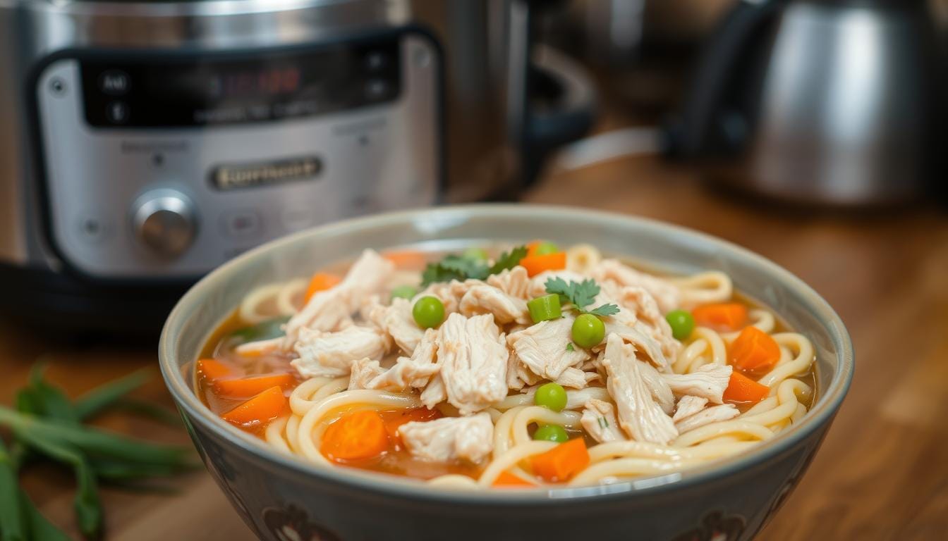 Bowl of slow cooker chicken noodles with tender chicken, thick noodles, and veggies in a creamy broth