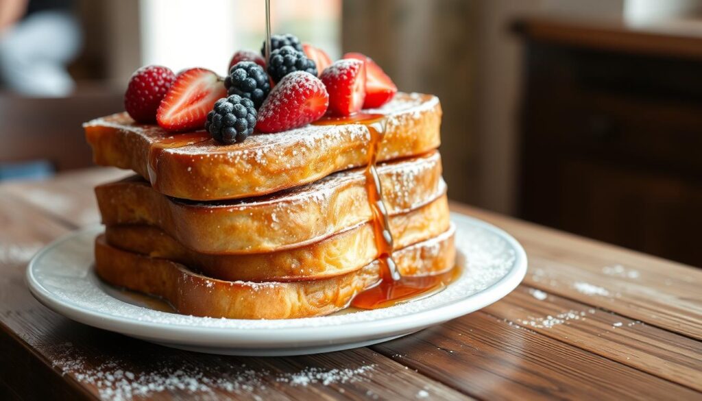 A plate of golden, fluffy Brioche French Toast topped with fresh berries and a drizzle of syrup.