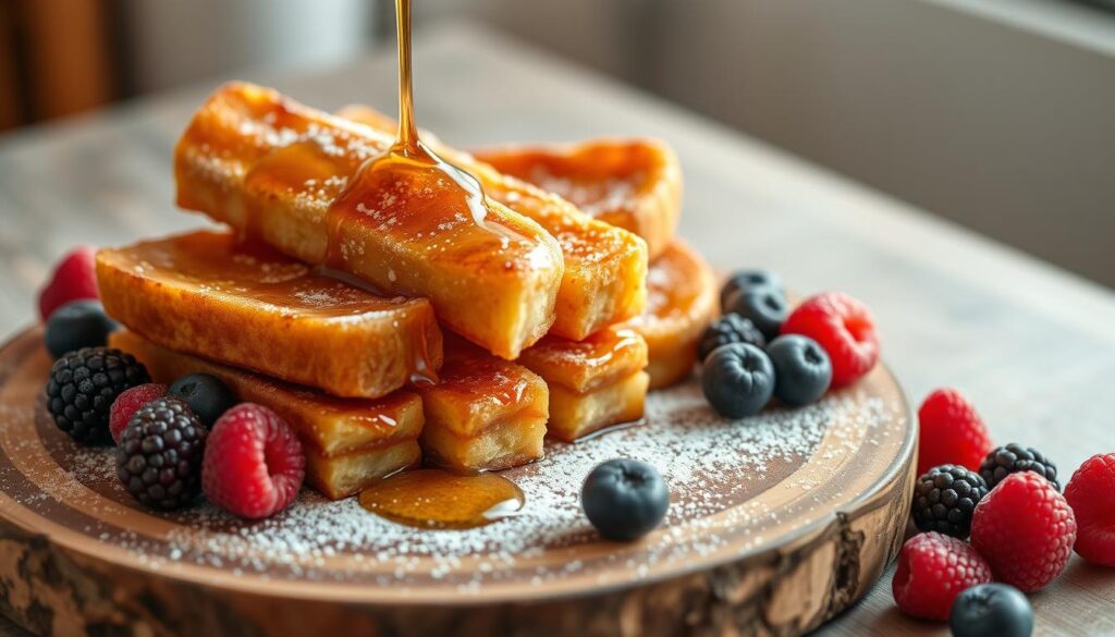 A plate of crispy French Toast Sticks dusted with cinnamon and served with a side of syrup for dipping.