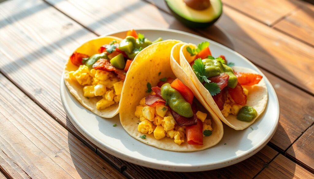 A plate of breakfast tacos filled with scrambled eggs, cheese, and fresh veggies, served with salsa on the side.