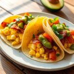 A plate of breakfast tacos filled with scrambled eggs, cheese, and fresh veggies, served with salsa on the side.