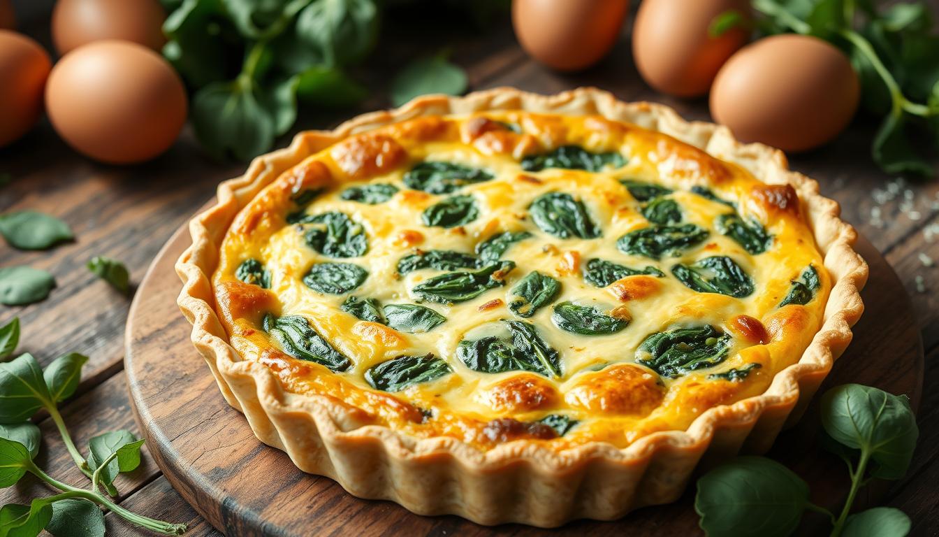 A slice of crustless spinach quiche on a plate, topped with melted cheese and garnished with fresh herbs.