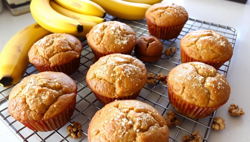 A batch of golden-brown banana bread muffins on a cooling rack, with one muffin cut open to show a moist, fluffy interior.