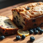 A sliced loaf of blueberry lemon bread with visible blueberries and a lemon glaze on top, served on a cutting board.