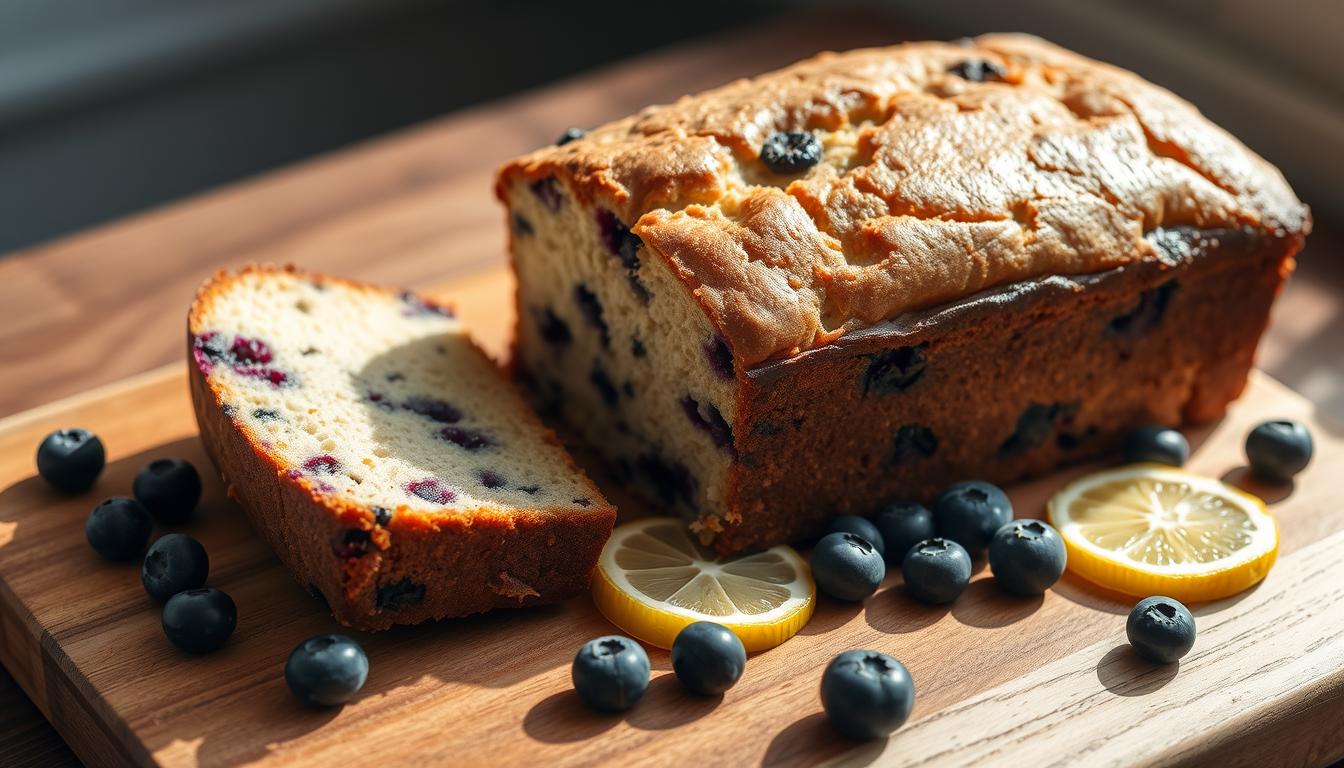 A sliced loaf of blueberry lemon bread with visible blueberries and a lemon glaze on top, served on a cutting board.