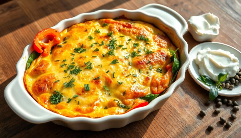 A baked smoked salmon breakfast casserole with golden edges, topped with herbs and served in a casserole dish.