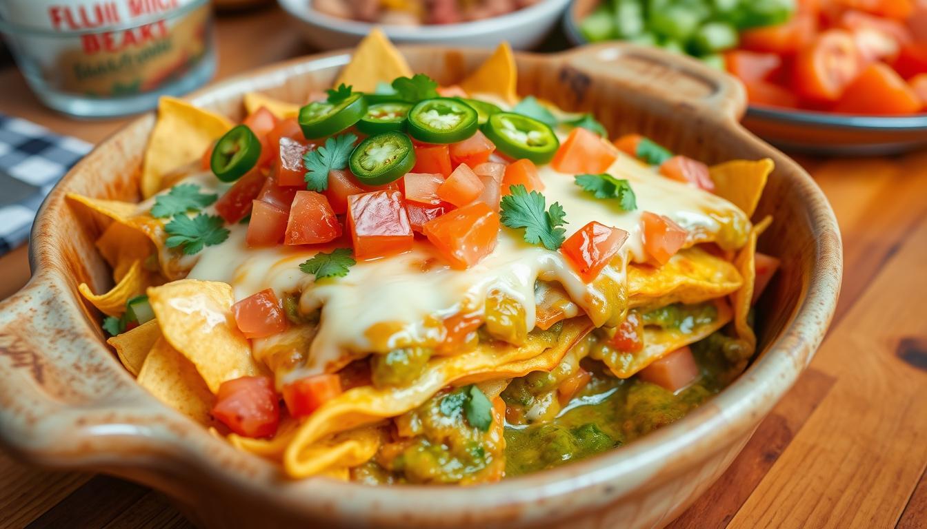 A baked chilaquiles breakfast casserole topped with melted cheese, sliced jalapeños, and fresh cilantro in a casserole dish.