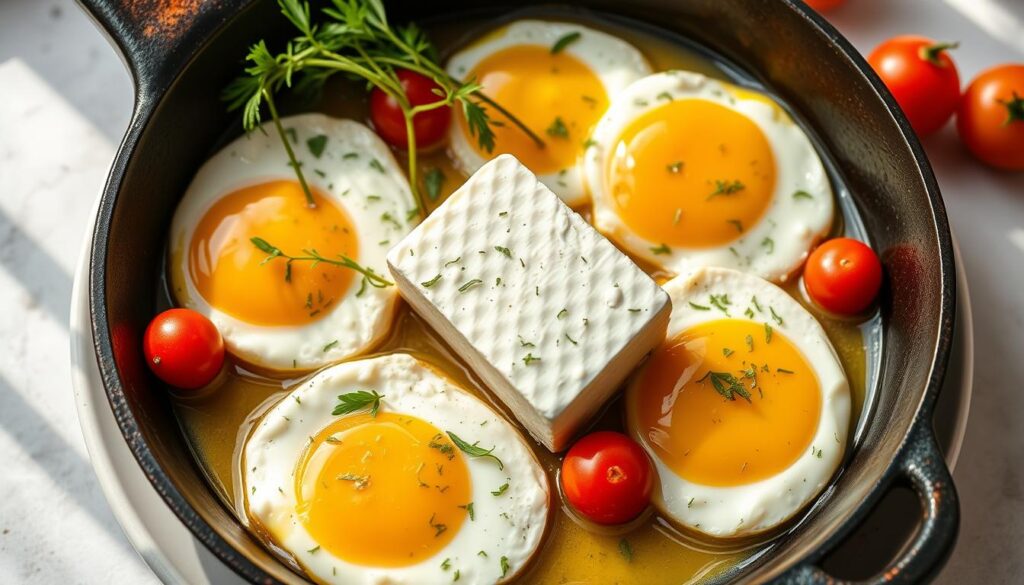 A skillet of baked feta eggs, topped with crumbled feta, herbs, and a sprinkle of red pepper flakes.