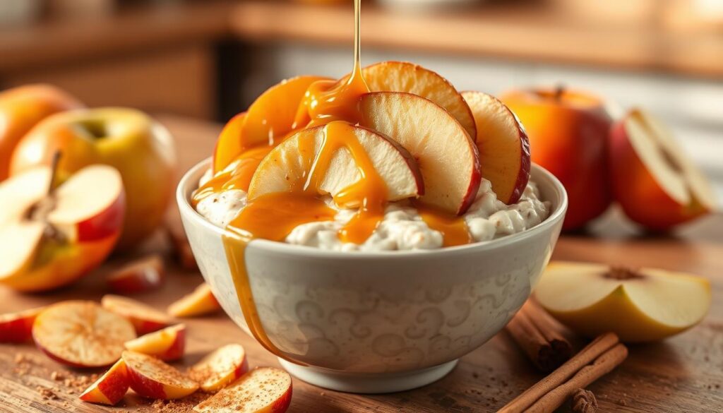 A jar of caramel apple overnight oats topped with apple slices, a drizzle of caramel, and a sprinkle of cinnamon.