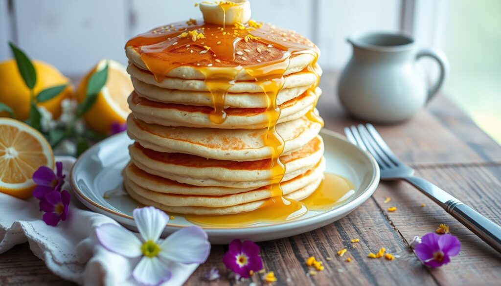 A stack of fluffy lemon poppy seed pancakes topped with a slice of lemon and a drizzle of syrup.